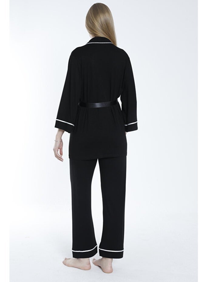 طقم بيجاما حمل ورضاعة برباط أمامي وياقة عريضة - Image 3